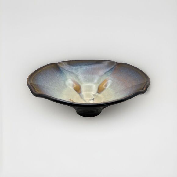 Bill Campbell Studio Art Pottery Drip Glaze Tulip Lotus Bowl 8” Signed Gray Blue - Picture 2 of 5